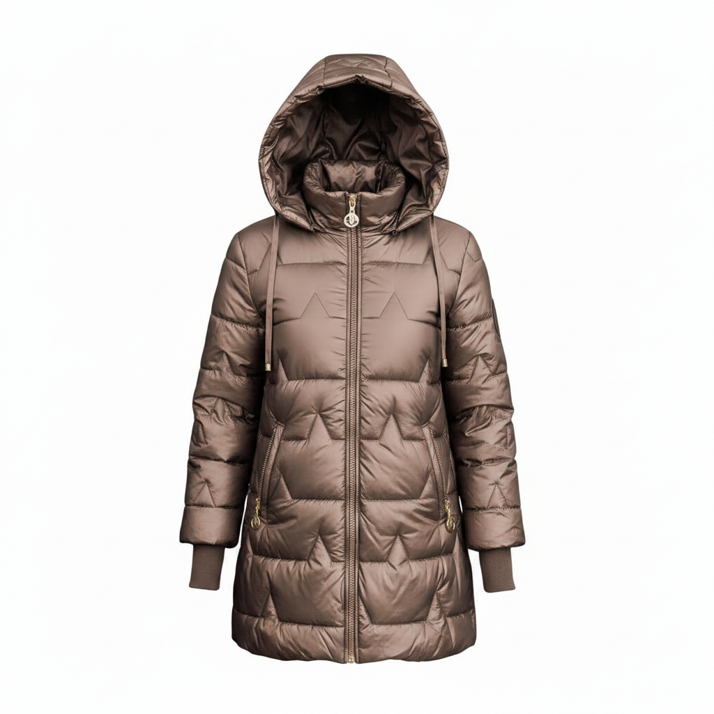 Women's Long Hooded Down Jacket with Zip Closure – Quilted Design for Cold Weather