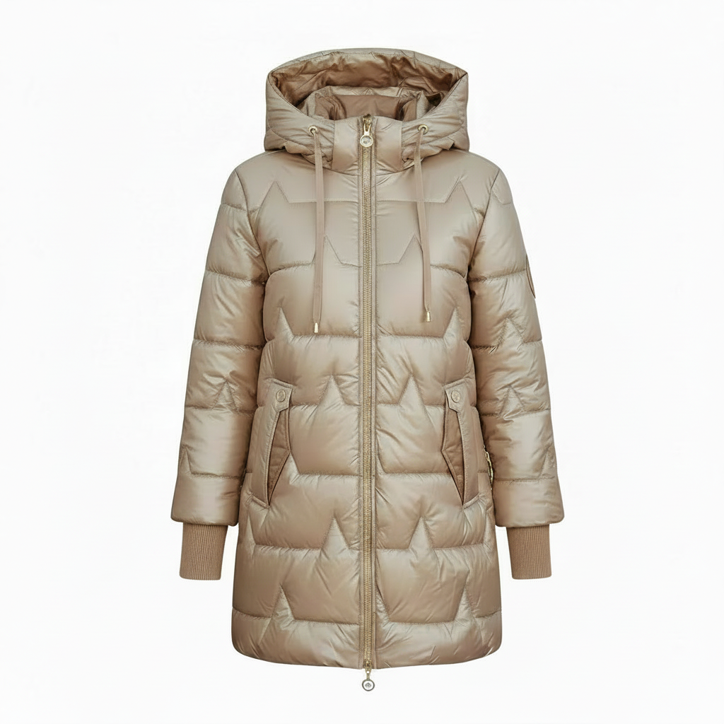 Women's Long Hooded Down Jacket with Zip Closure – Quilted Design for Cold Weather