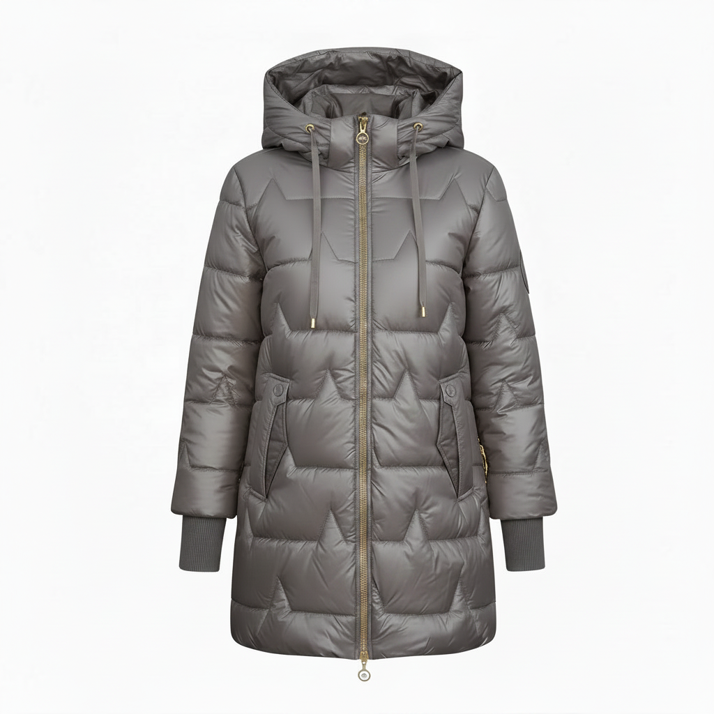 Women's Long Hooded Down Jacket with Zip Closure – Quilted Design for Cold Weather
